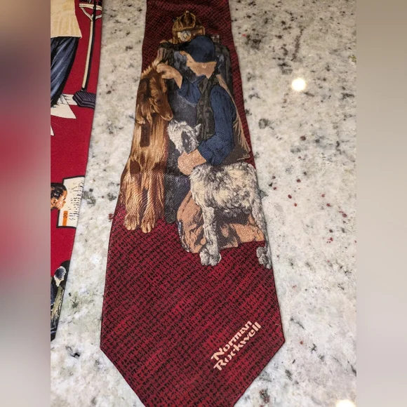 Norman Rockwell Set Of 2 Red Neckties with Classic Illustrations 100% Silk - Picture 3 of 7
